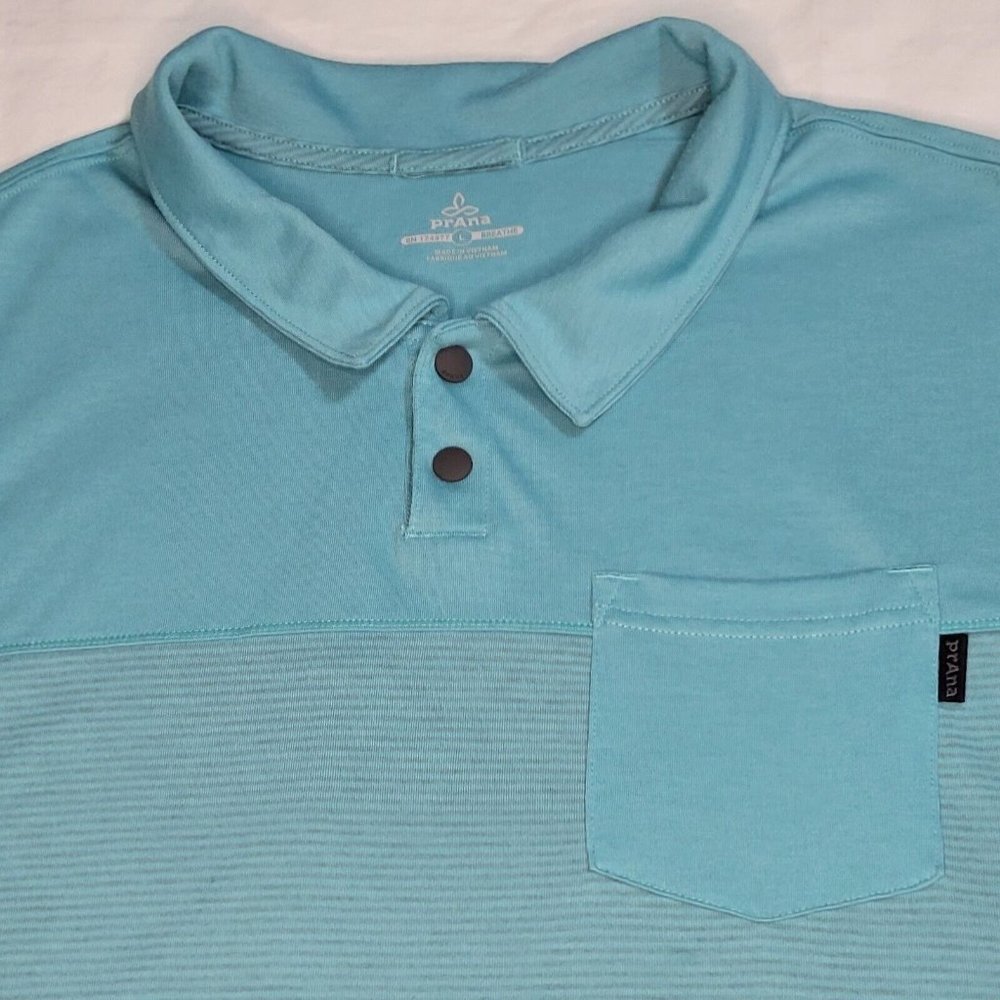 prAna - Men's Large Short Sleeve Polo Shirt Teal Striped Pocket Casual Outdoor
